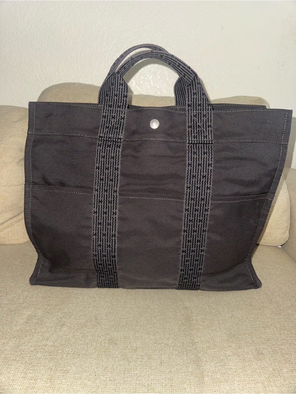 Hermes Black Canvas Tote Bag with Patterned Handles I use this my laptop